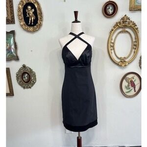 Vintage Y2K Black Satin Cross-Halter Mini Dress- Size S/M